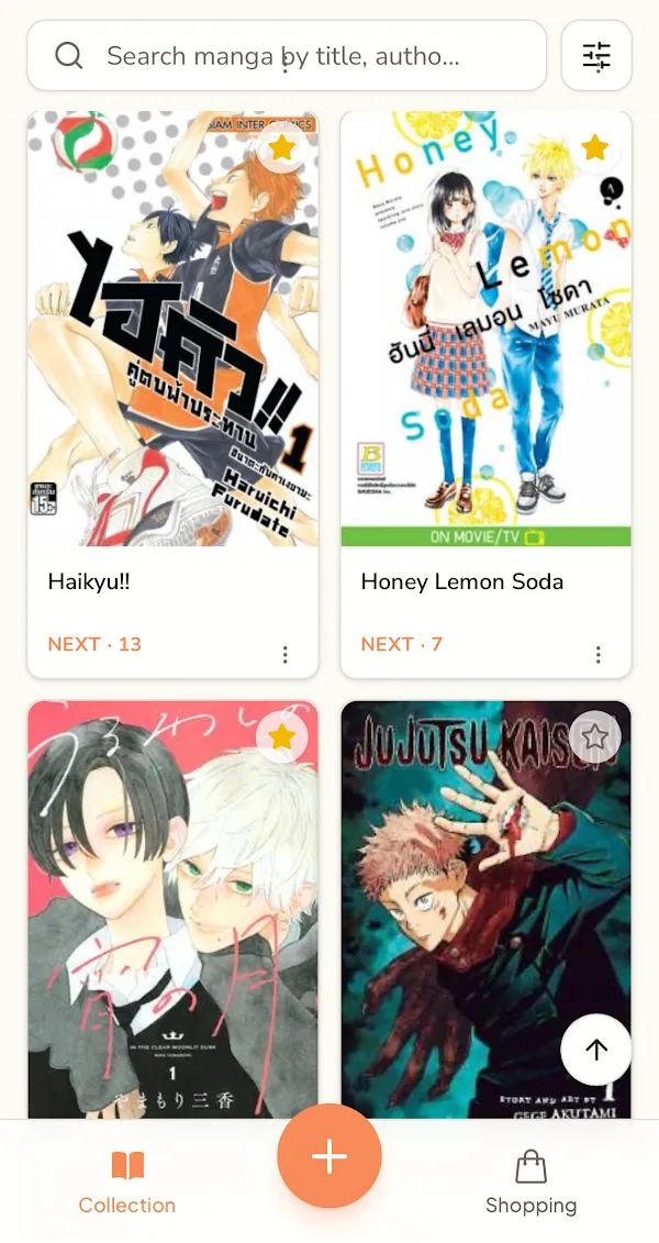 The Kepu collection view, a grid of manga covers including Haikyu!!, Honey Lemon Soda and Jujutsu Kaisen, each labelled with the next volume to buy.