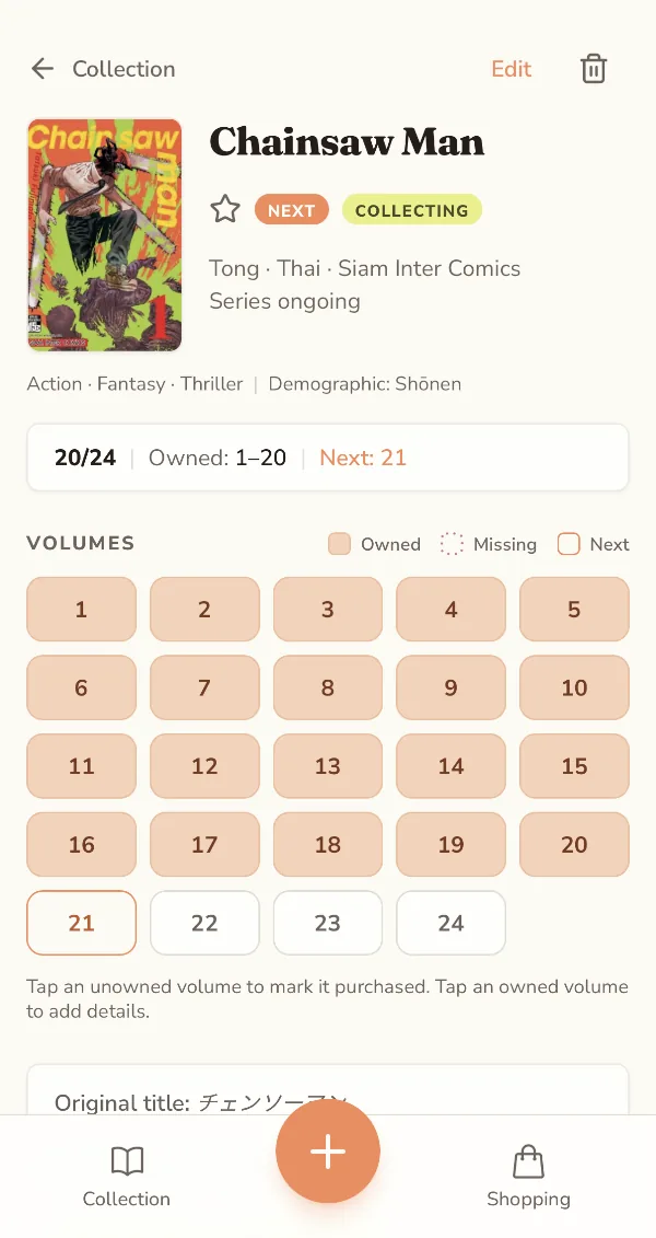 A Chainsaw Man series page in Kepu, showing volumes 1 to 20 marked as owned, volume 21 as next to buy, and 22 to 24 still missing.